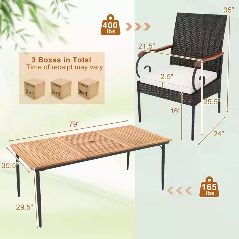 Costway Set da Pranzo da Giardino 9 pz con Piano Tavolo in Legno di Acacia e Foro per Ombrellone da 1,9 Pollici