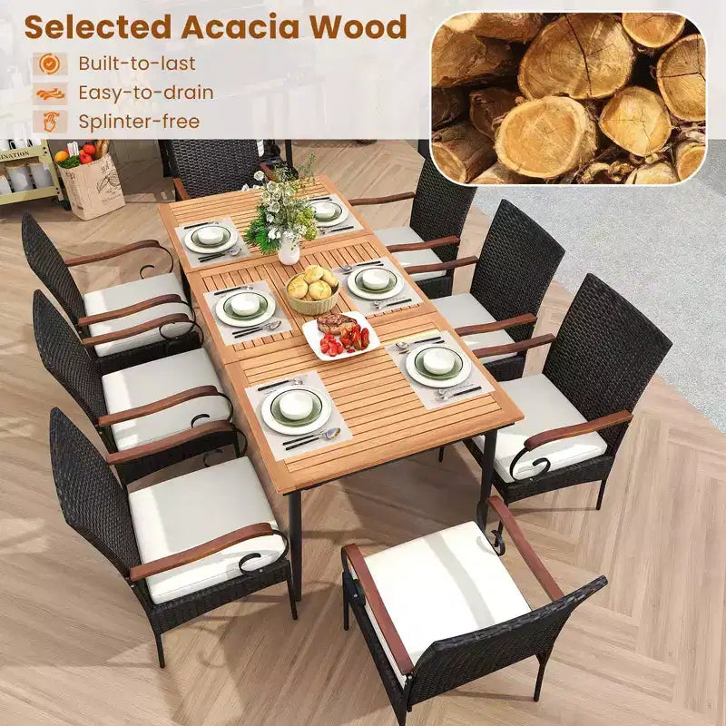 Costway Set da Pranzo da Giardino 9 pz con Piano Tavolo in Legno di Acacia e Foro per Ombrellone da 1,9 Pollici