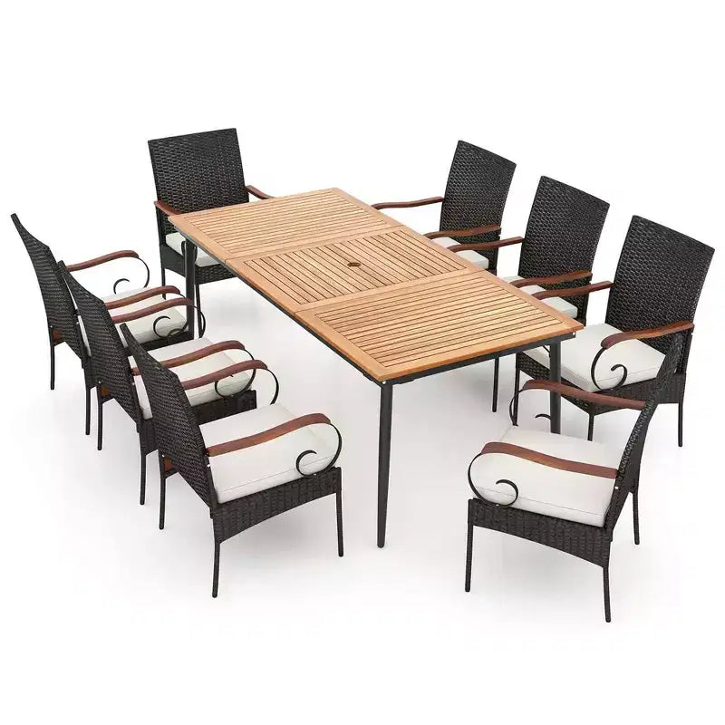 Costway Set da Pranzo da Giardino 9 pz con Piano Tavolo in Legno di Acacia e Foro per Ombrellone da 1,9 Pollici