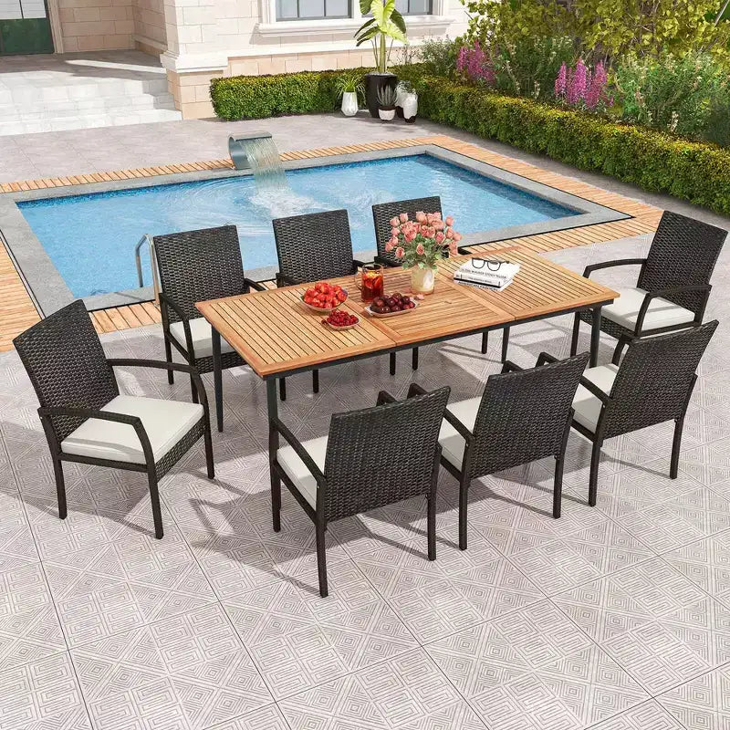 Costway 9 PCS Patio Dining Set Outdoor Acacia Wood Dining Table with 1.9 Umbrella Hole