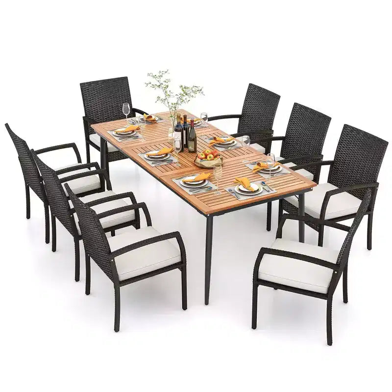 Costway Set da Pranzo per Esterni 9 Pezzi, Tavolo da Pranzo in Legno di Acacia con Foro per Ombrellone da 1.9