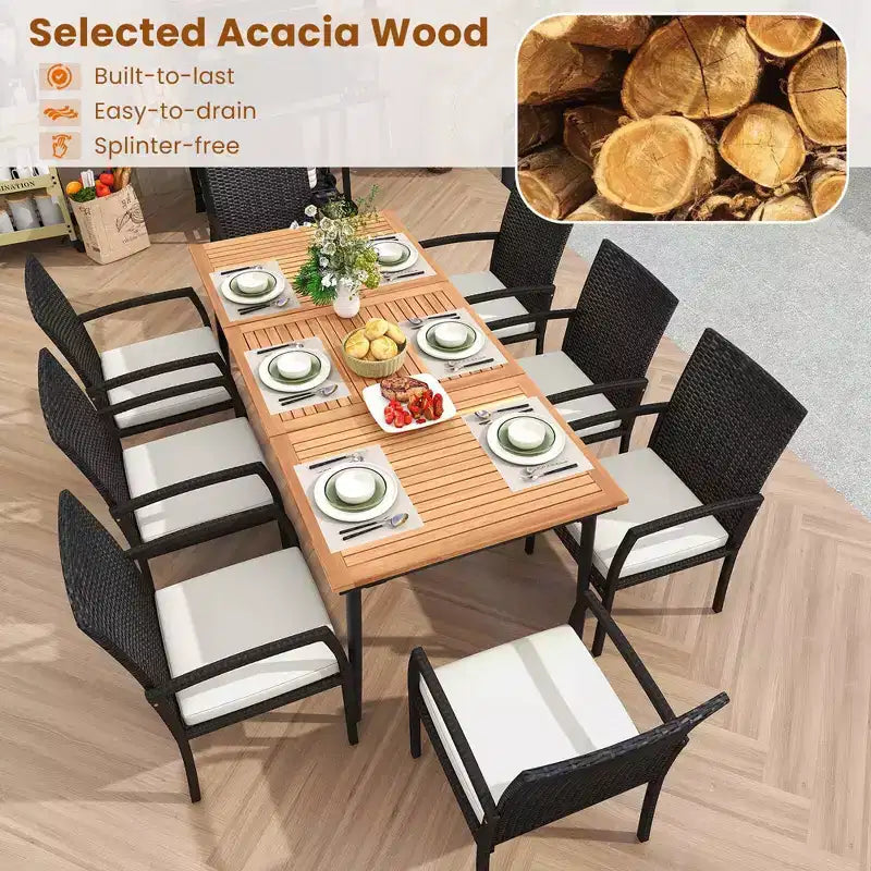 Costway Set da Pranzo per Esterni 9 Pezzi, Tavolo da Pranzo in Legno di Acacia con Foro per Ombrellone da 1.9