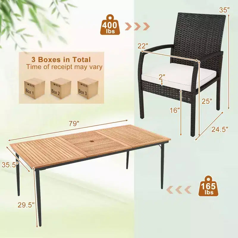 Costway Set da Pranzo per Esterni 9 Pezzi, Tavolo da Pranzo in Legno di Acacia con Foro per Ombrellone da 1.9
