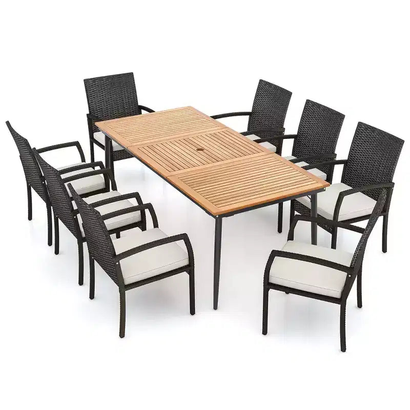 Costway Set da Pranzo per Esterni 9 Pezzi, Tavolo da Pranzo in Legno di Acacia con Foro per Ombrellone da 1.9