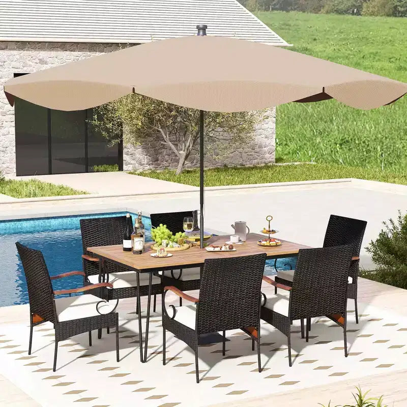 Costway 7 PCS Patio Dining Set with Acacia Wood Dining Table Rattan Armchairs Soft Cushions