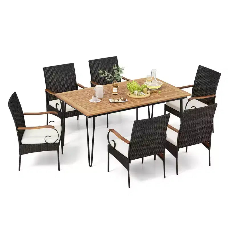 Costway Set da Pranzo per Esterno 7 Pezzi con Tavolo in Legno di Acacia Poltrone in Rattan Cuscini Morbidi