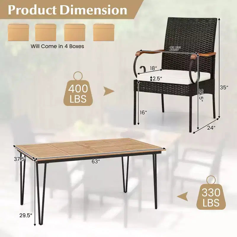 Costway Set da Pranzo per Esterno 7 Pezzi con Tavolo in Legno di Acacia Poltrone in Rattan Cuscini Morbidi