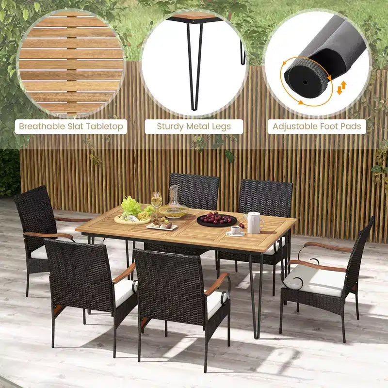 Costway Set da Pranzo per Esterno 7 Pezzi con Tavolo in Legno di Acacia Poltrone in Rattan Cuscini Morbidi