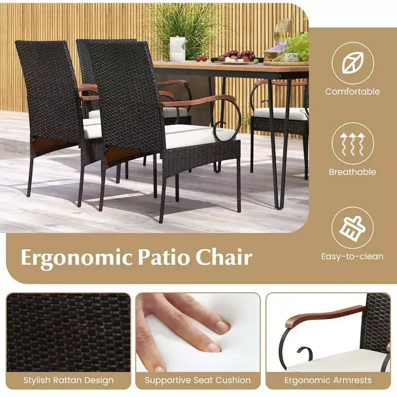 Costway Set da Pranzo per Esterno 7 Pezzi con Tavolo in Legno di Acacia Poltrone in Rattan Cuscini Morbidi
