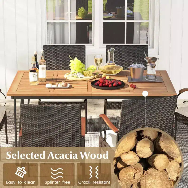 Costway Set da Pranzo per Esterno 7 Pezzi con Tavolo in Legno di Acacia Poltrone in Rattan Cuscini Morbidi