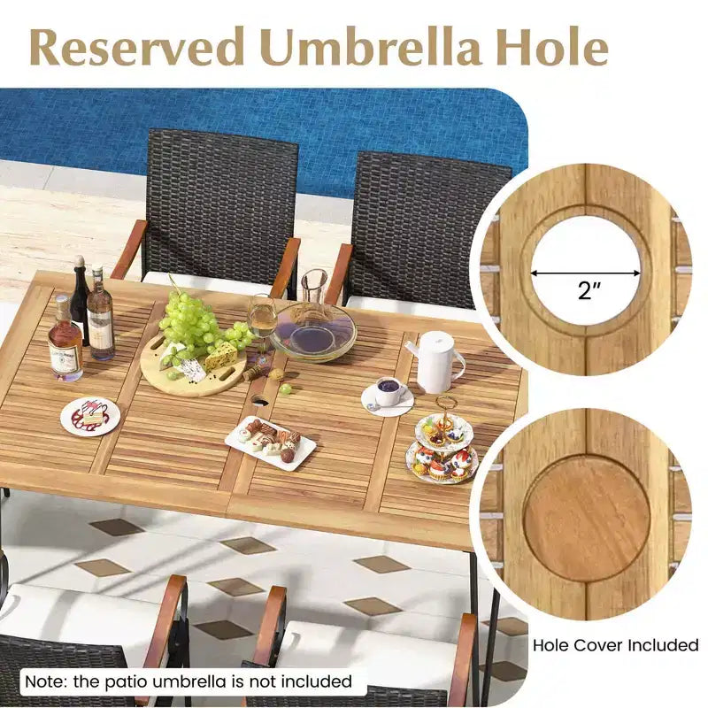 Costway Set da Pranzo per Esterno 7 Pezzi con Tavolo in Legno di Acacia Poltrone in Rattan Cuscini Morbidi