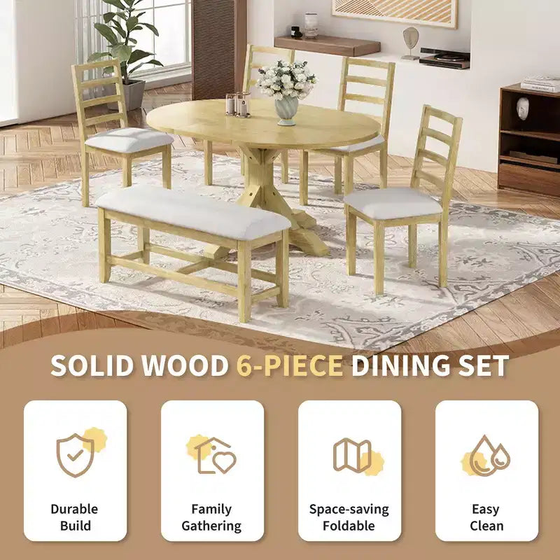 Set da pranzo Whisen Farmhouse da 6 pezzi, set da pranzo per cucina con tavolo da pranzo allungabile, 1 panca e 4 sedie da pranzo con schienale a pioli