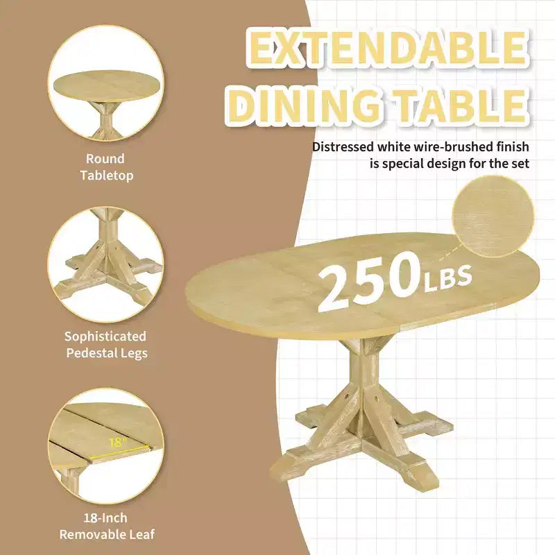 Set da pranzo Whisen Farmhouse da 6 pezzi, set da pranzo per cucina con tavolo da pranzo allungabile, 1 panca e 4 sedie da pranzo con schienale a pioli