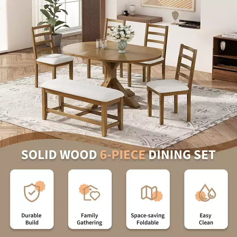 Set da pranzo Whisen Farmhouse da 6 pezzi, set da pranzo per cucina con tavolo da pranzo allungabile, 1 panca e 4 sedie da pranzo con schienale a pioli