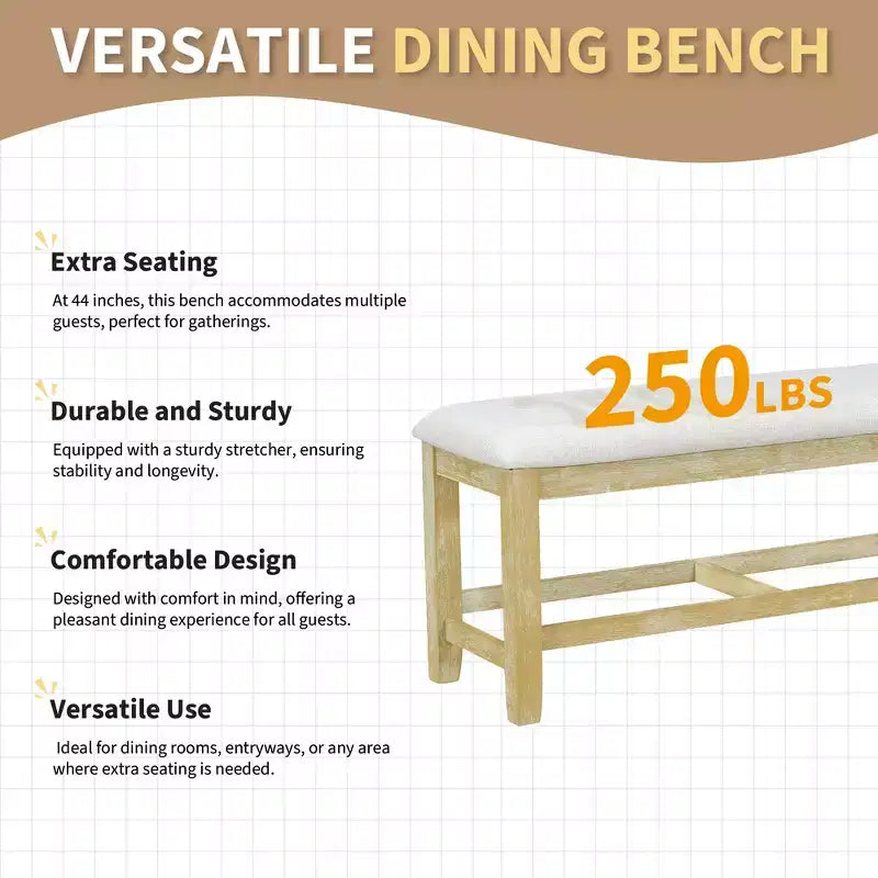Set da pranzo Whisen Farmhouse da 6 pezzi, set da pranzo per cucina con tavolo da pranzo allungabile, 1 panca e 4 sedie da pranzo con schienale a pioli