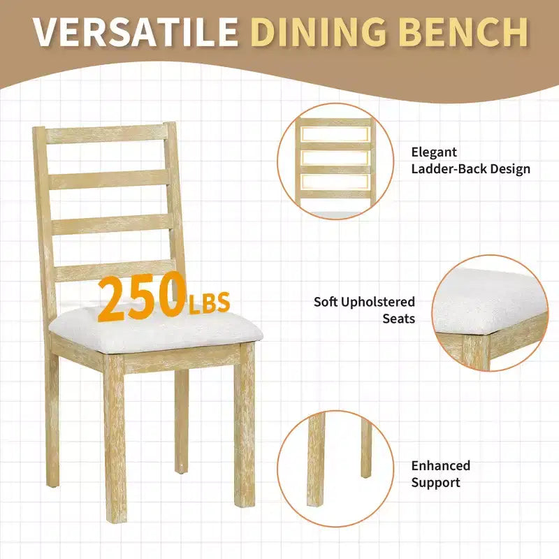 Set da pranzo Whisen Farmhouse da 6 pezzi, set da pranzo per cucina con tavolo da pranzo allungabile, 1 panca e 4 sedie da pranzo con schienale a pioli