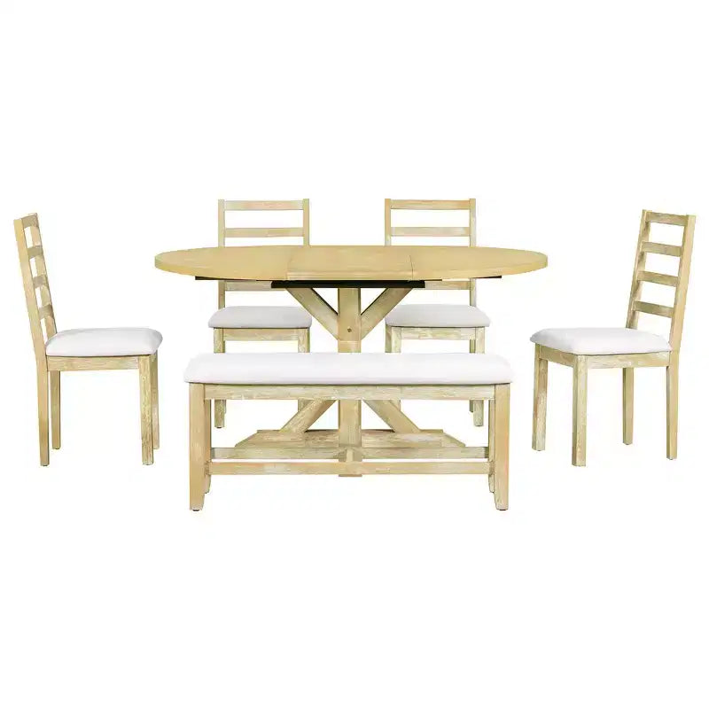 Set da pranzo Whisen Farmhouse da 6 pezzi, set da pranzo per cucina con tavolo da pranzo allungabile, 1 panca e 4 sedie da pranzo con schienale a pioli