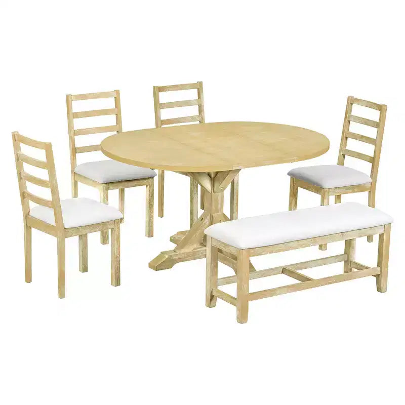 Set da pranzo Whisen Farmhouse da 6 pezzi, set da pranzo per cucina con tavolo da pranzo allungabile, 1 panca e 4 sedie da pranzo con schienale a pioli