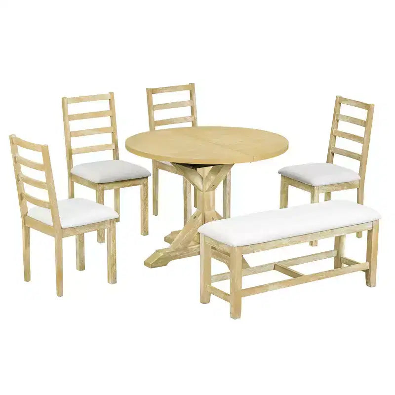 Set da pranzo Whisen Farmhouse da 6 pezzi, set da pranzo per cucina con tavolo da pranzo allungabile, 1 panca e 4 sedie da pranzo con schienale a pioli