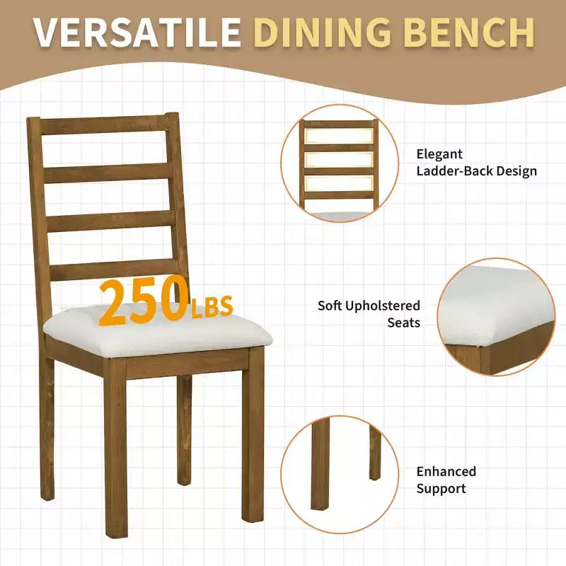 Set da pranzo Whisen Farmhouse da 6 pezzi, set da pranzo per cucina con tavolo da pranzo allungabile, 1 panca e 4 sedie da pranzo con schienale a pioli