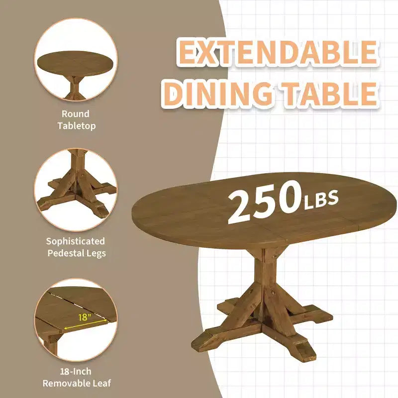 Set da pranzo Whisen Farmhouse da 6 pezzi, set da pranzo per cucina con tavolo da pranzo allungabile, 1 panca e 4 sedie da pranzo con schienale a pioli
