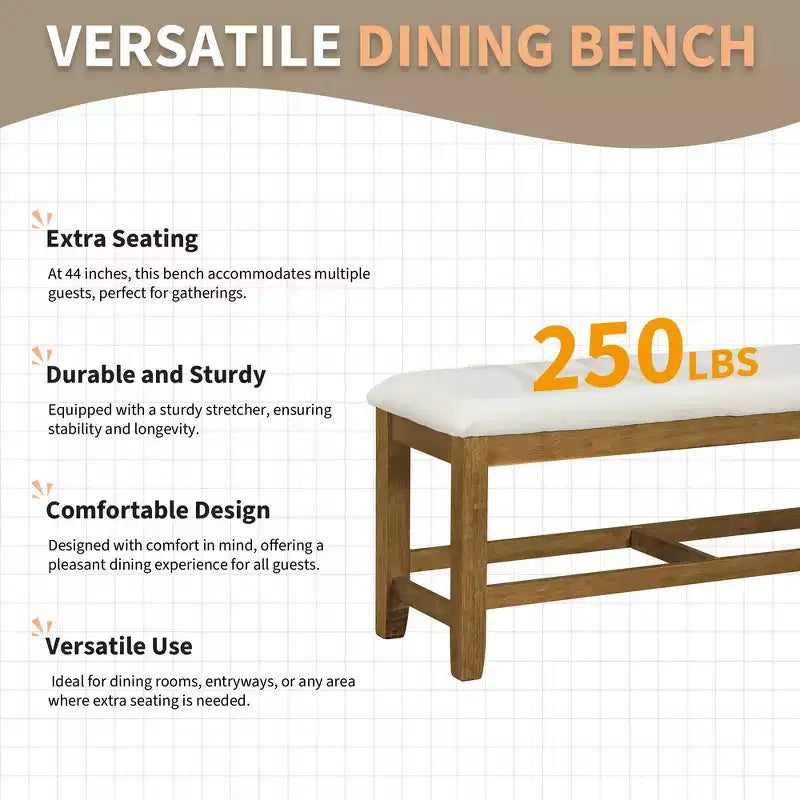 Set da pranzo Whisen Farmhouse da 6 pezzi, set da pranzo per cucina con tavolo da pranzo allungabile, 1 panca e 4 sedie da pranzo con schienale a pioli