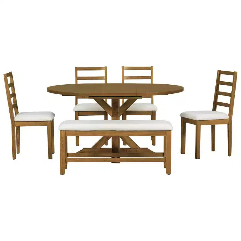 Set da pranzo Whisen Farmhouse da 6 pezzi, set da pranzo per cucina con tavolo da pranzo allungabile, 1 panca e 4 sedie da pranzo con schienale a pioli