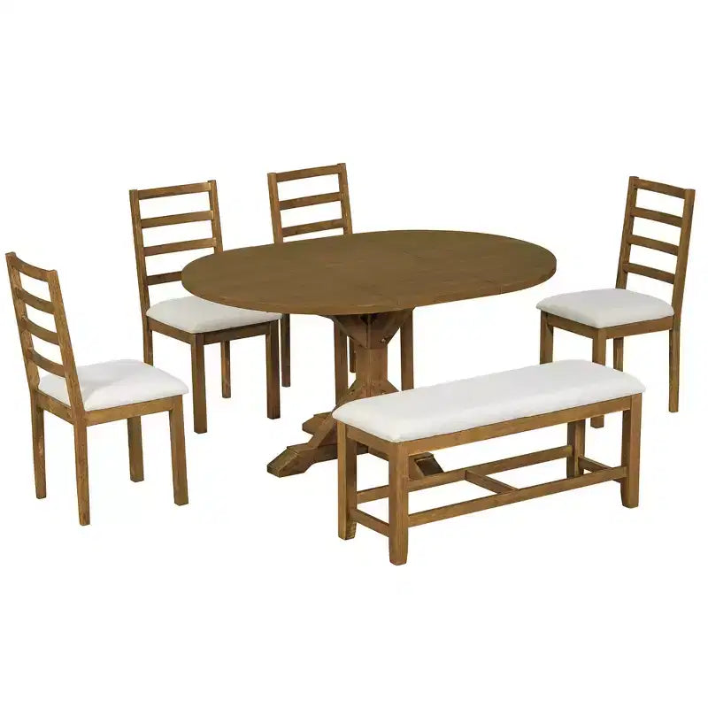 Set da pranzo Whisen Farmhouse da 6 pezzi, set da pranzo per cucina con tavolo da pranzo allungabile, 1 panca e 4 sedie da pranzo con schienale a pioli