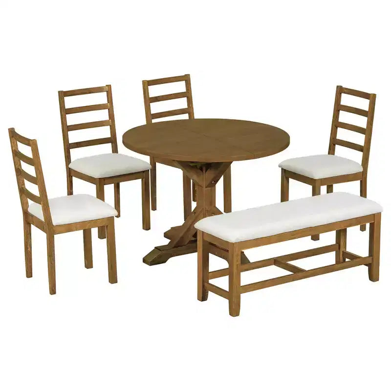 Set da pranzo Whisen Farmhouse da 6 pezzi, set da pranzo per cucina con tavolo da pranzo allungabile, 1 panca e 4 sedie da pranzo con schienale a pioli