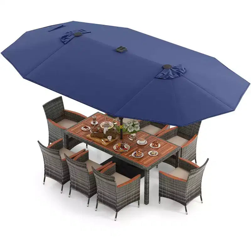 Costway Set da Pranzo da Esterno 11 Pezzi con Ombrellone a Doppio Lato da 4,5 m 8 Poltrone Blu/Beige/Arancio/Bordeaux