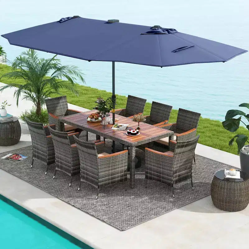 Costway Set da Pranzo da Esterno 11 Pezzi con Ombrellone a Doppio Lato da 4,5 m 8 Poltrone Blu/Beige/Arancio/Bordeaux