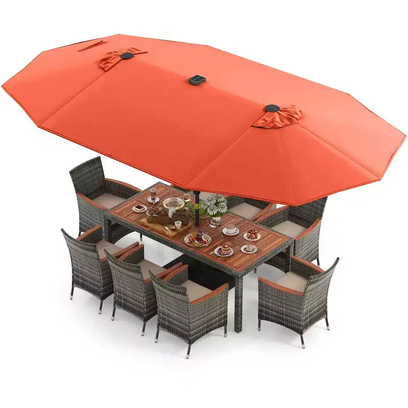 Costway Set da Pranzo da Esterno 11 Pezzi con Ombrellone a Doppio Lato da 4,5 m 8 Poltrone Blu/Beige/Arancio/Bordeaux