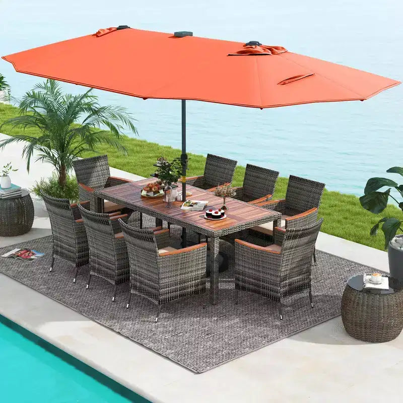 Costway Set da Pranzo da Esterno 11 Pezzi con Ombrellone a Doppio Lato da 4,5 m 8 Poltrone Blu/Beige/Arancio/Bordeaux