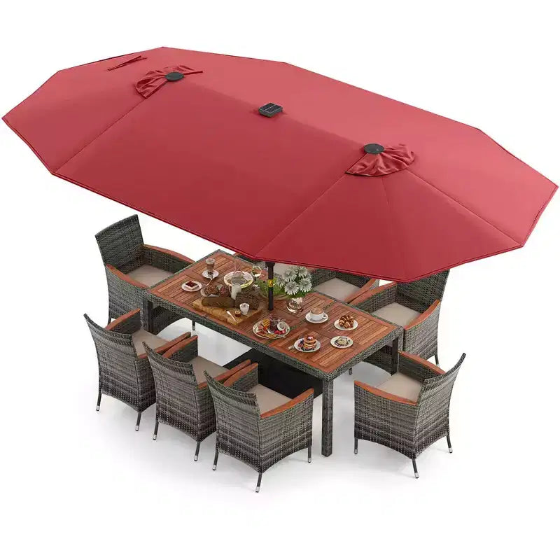 Costway Set da Pranzo da Esterno 11 Pezzi con Ombrellone a Doppio Lato da 4,5 m 8 Poltrone Blu/Beige/Arancio/Bordeaux