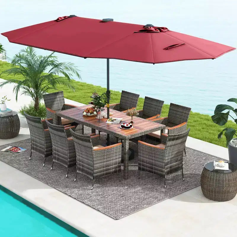 Costway Set da Pranzo da Esterno 11 Pezzi con Ombrellone a Doppio Lato da 4,5 m 8 Poltrone Blu/Beige/Arancio/Bordeaux