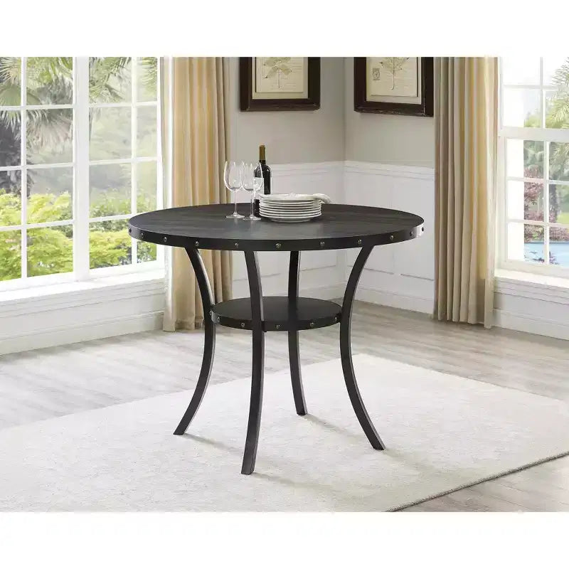 Set da pranzo Roundhill Furniture Biony in legno color espresso altezza bancone con sgabelli in tessuto beige e borchie