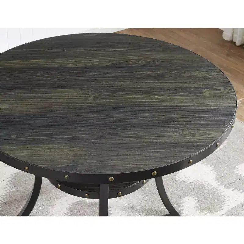 Set da pranzo Roundhill Furniture Biony in legno color espresso altezza bancone con sgabelli in tessuto beige e borchie