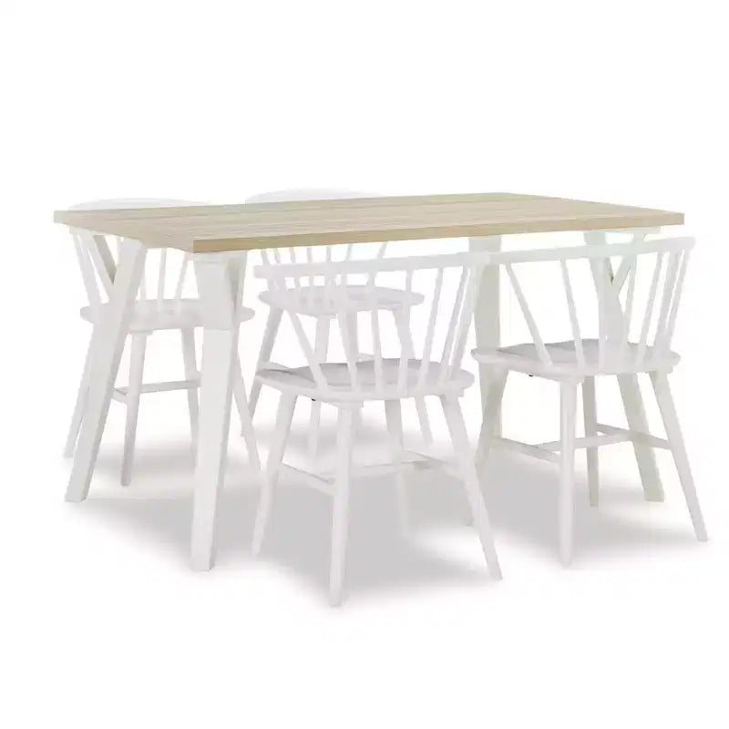 Set da pranzo da 5 pezzi Alwynn bianco e legno naturale, tavolo da pranzo con 4 sedie Windsor