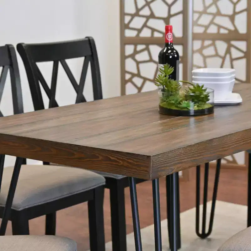 Set da pranzo Arroyo da 7 pezzi, tavolo da pranzo Hairpin con 6 sedie con schienale a croce, nero intenso
